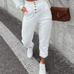 Spodnie dresowe bawełniane wysoki stan Trinity Ola Voga ecru