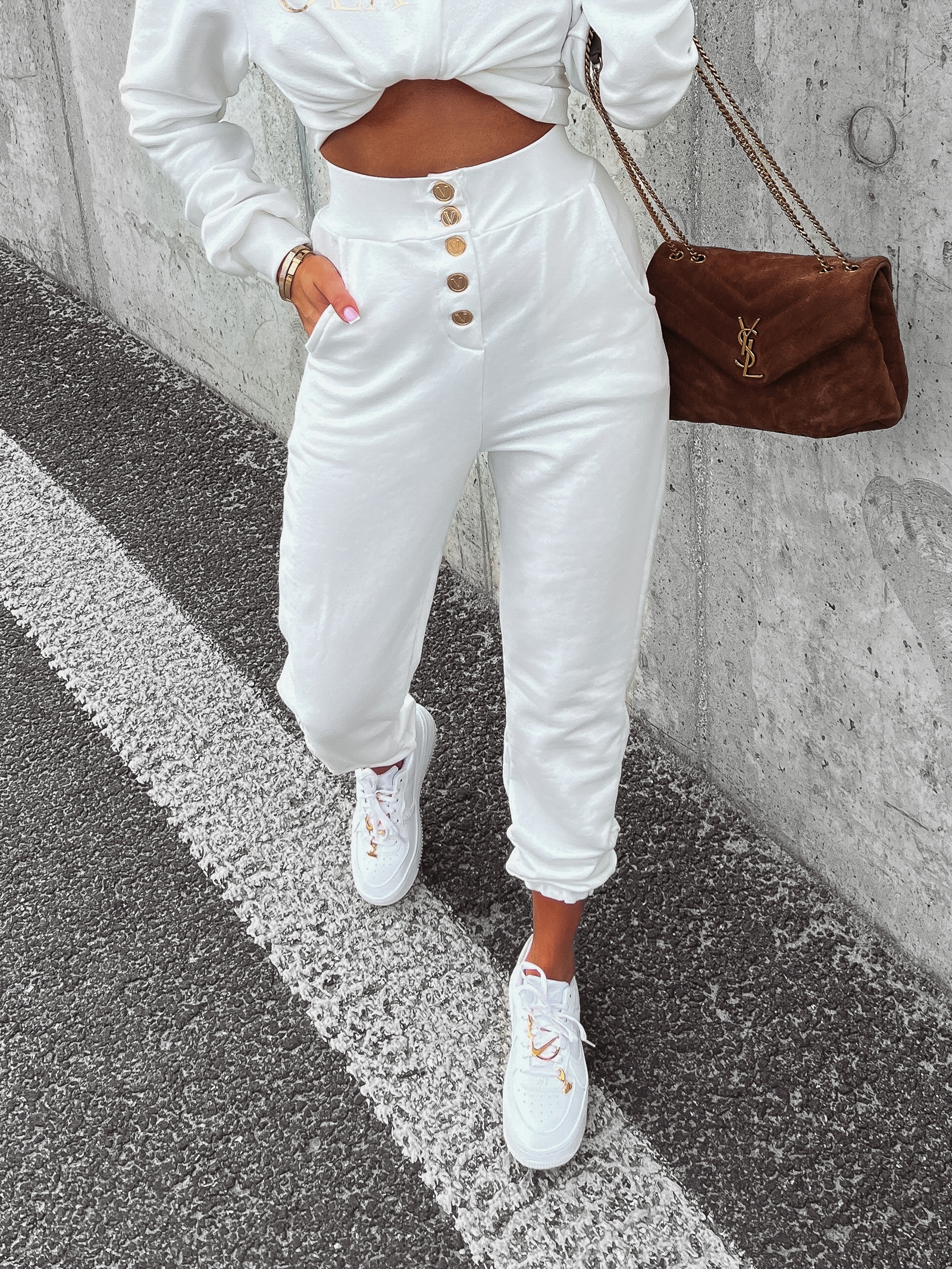 Spodnie dresowe bawełniane wysoki stan Trinity Ola Voga ecru