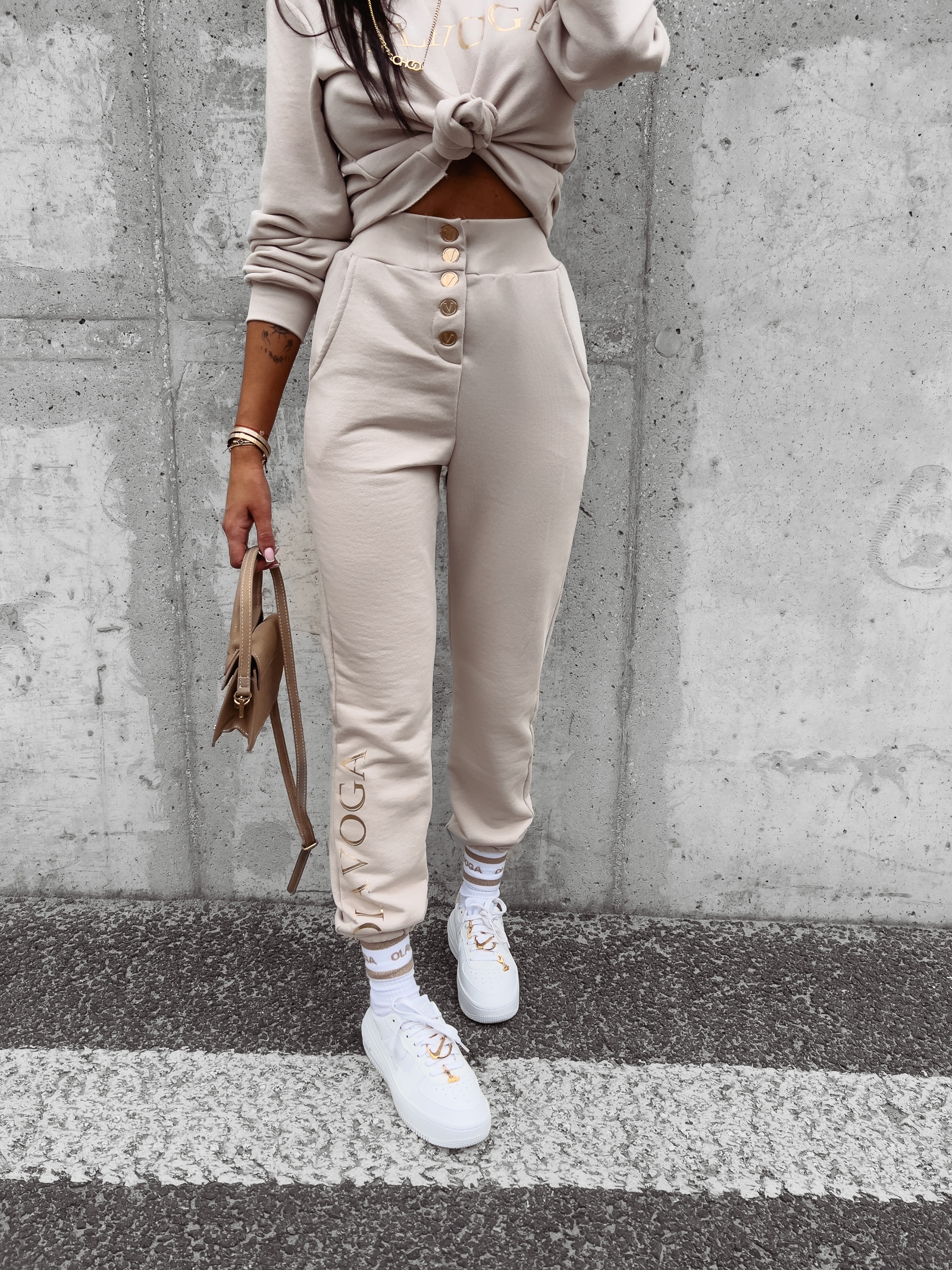 Spodnie dresowe bawełniane wysoki stan Trinity Ola Voga beżowe