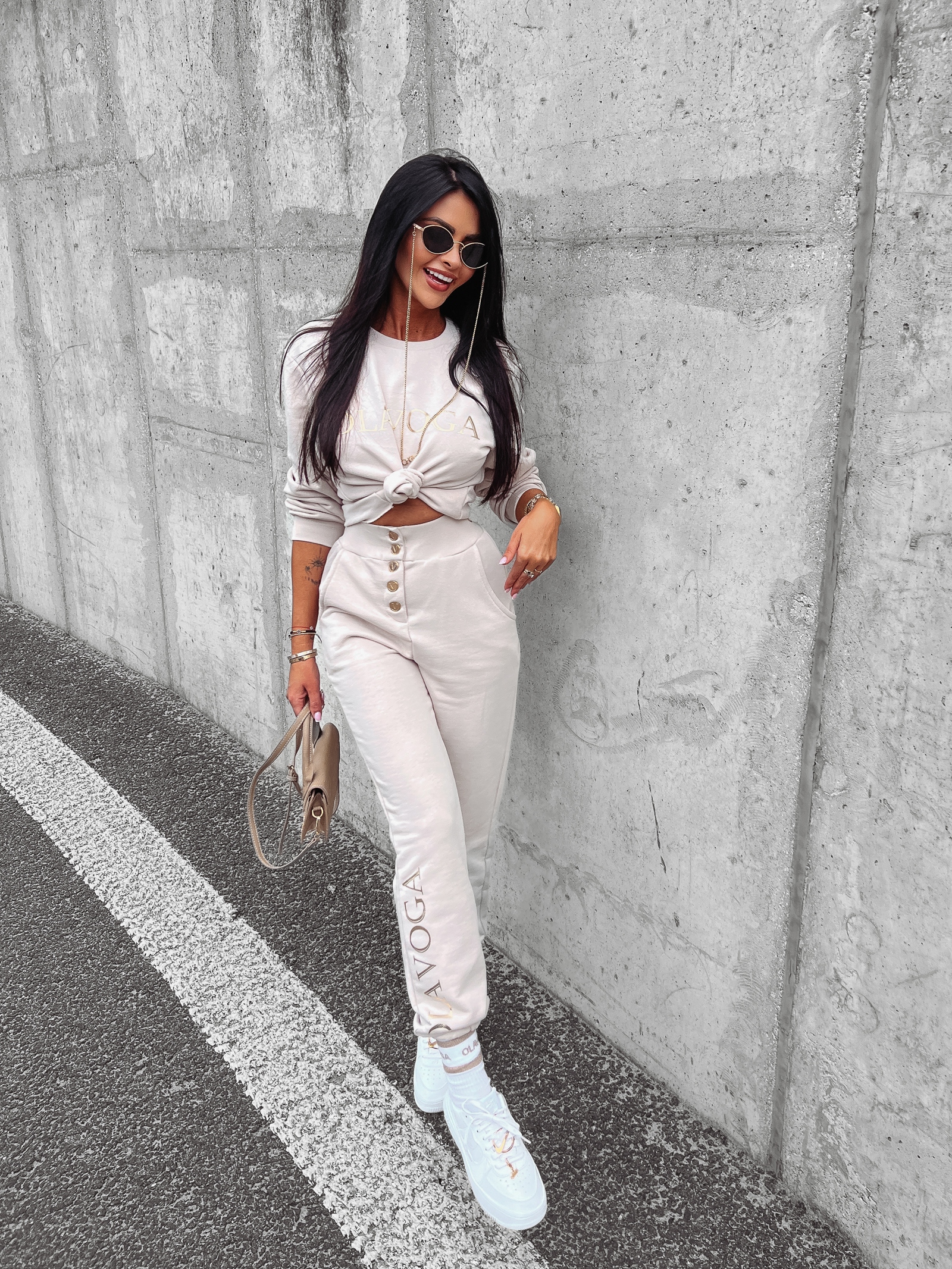 Spodnie dresowe bawełniane wysoki stan Trinity Ola Voga beżowe