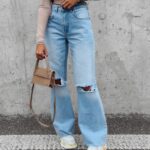 Spodnie jeansowe dzwony z przetarciami Morgan Ola Voga niebieskie