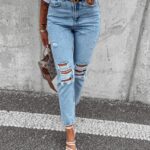 Spodnie jeansowe damskie z przetarciami Verti Ola Voga niebieskie