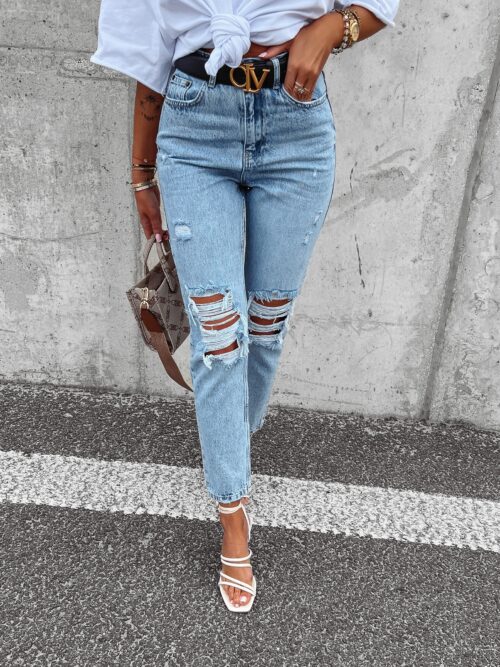 Spodnie jeansowe damskie z przetarciami Verti Ola Voga niebieskie