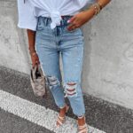 Spodnie jeansowe damskie z przetarciami Verti Ola Voga niebieskie