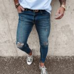 Spodnie jeansowe męskie z przetarciami Look Ola Voga niebieskie