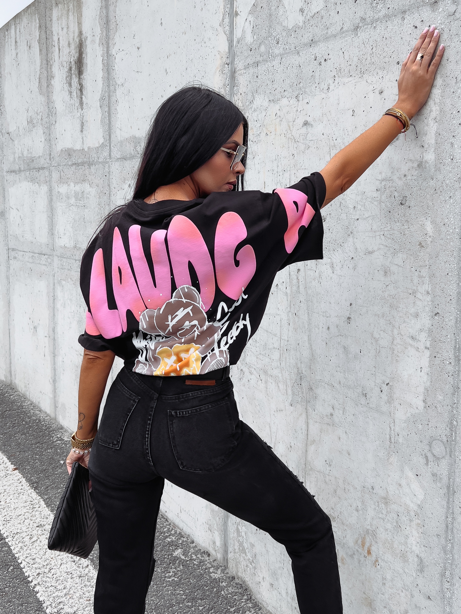 T-shirt bawełniany unisex różowy nadruk Sirty Ola Voga czarny