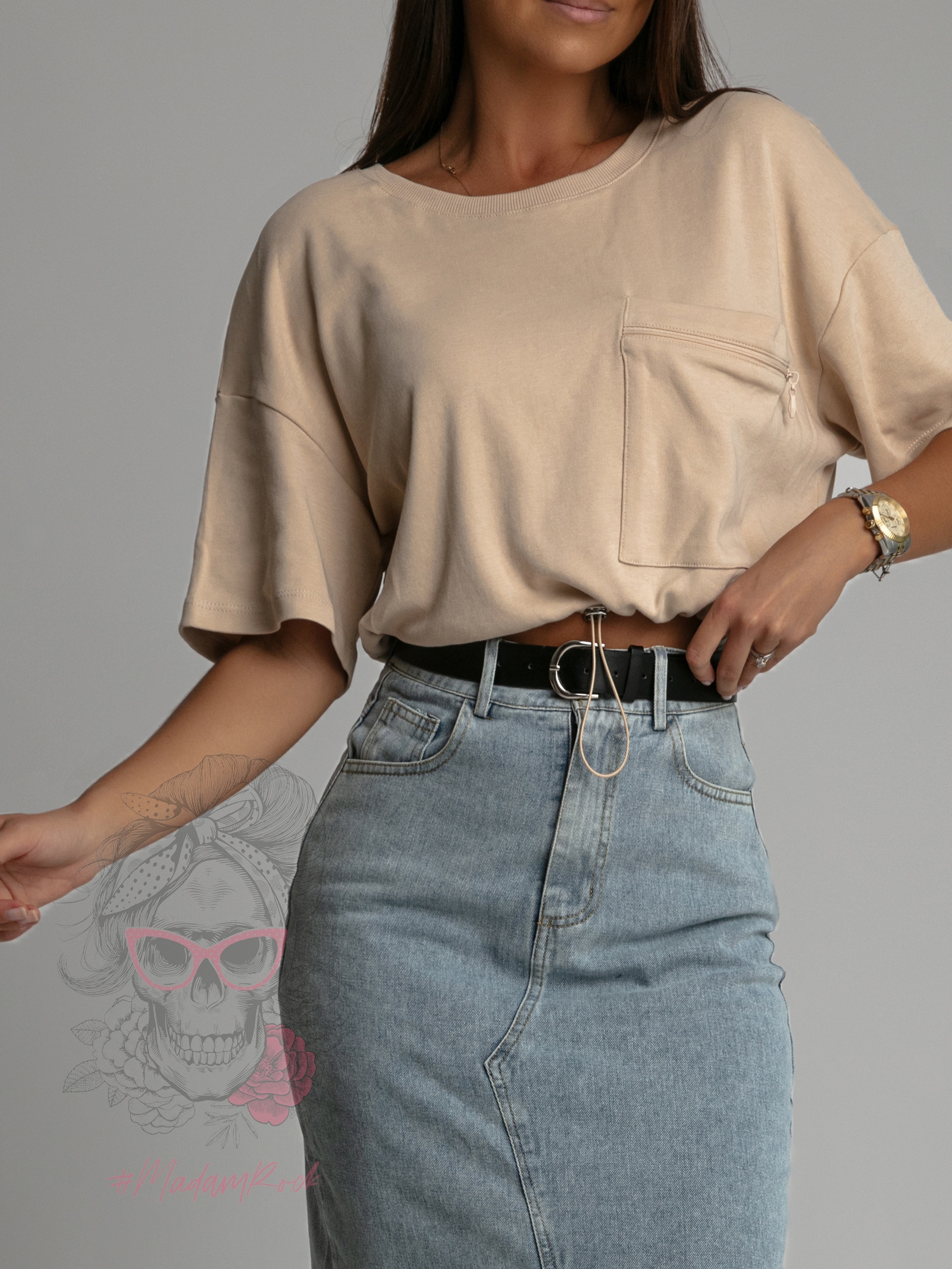 Crop top ze ściąganiem w pasie YoYo beżowy