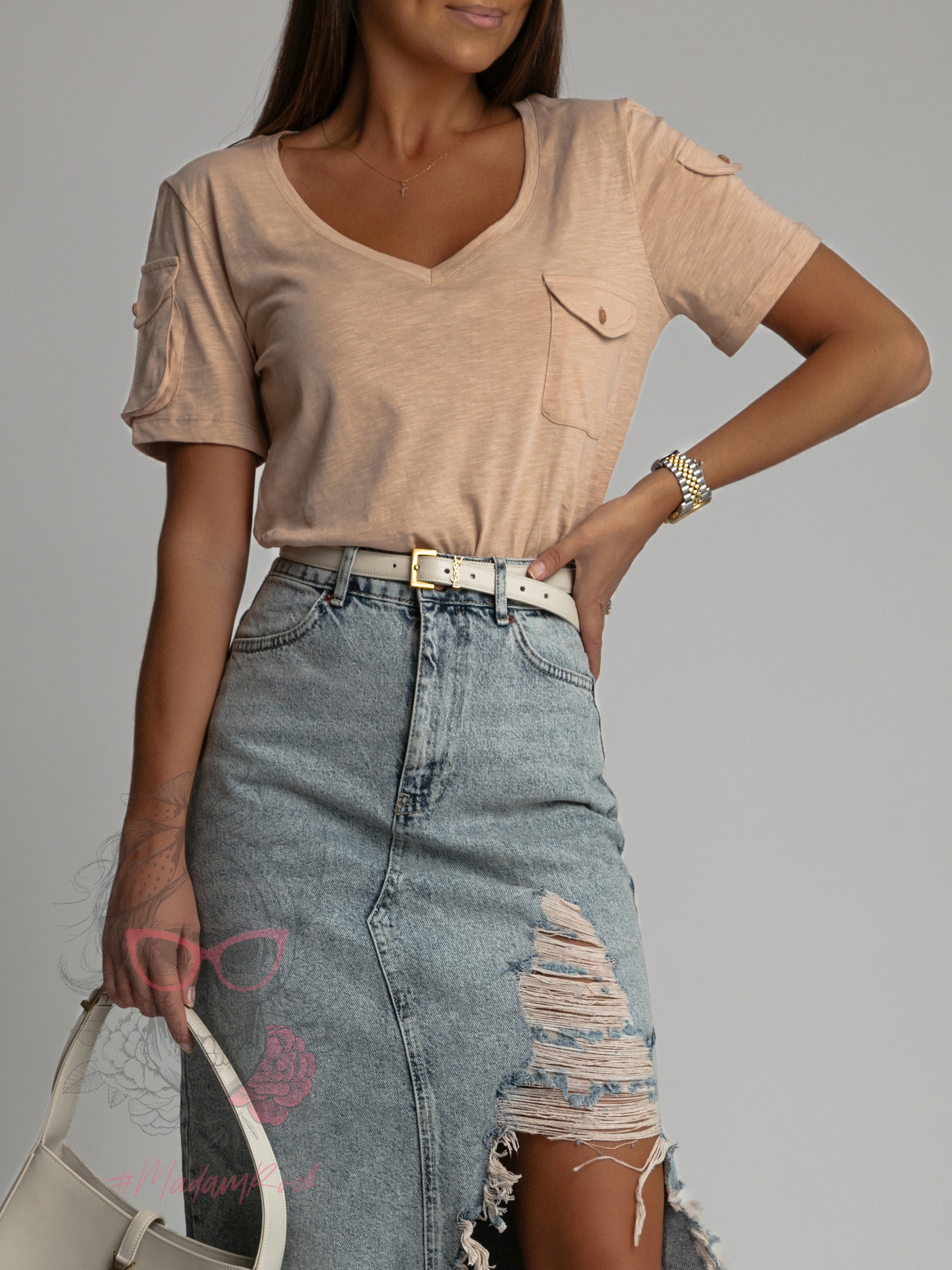 T-shirt z kieszonką Aren beżowy