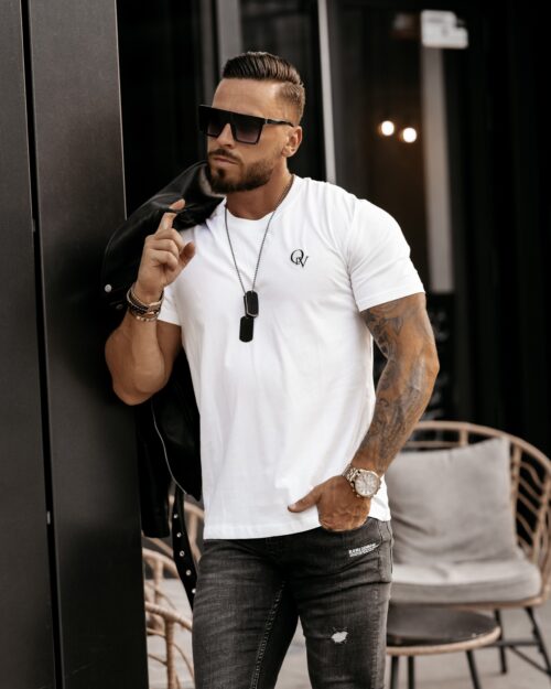 T-shirt bawełniany męski z haftem Dor Ola Voga biały