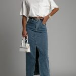 Spódnica jeansowa maxi Slopi dekatyzowana niebieska