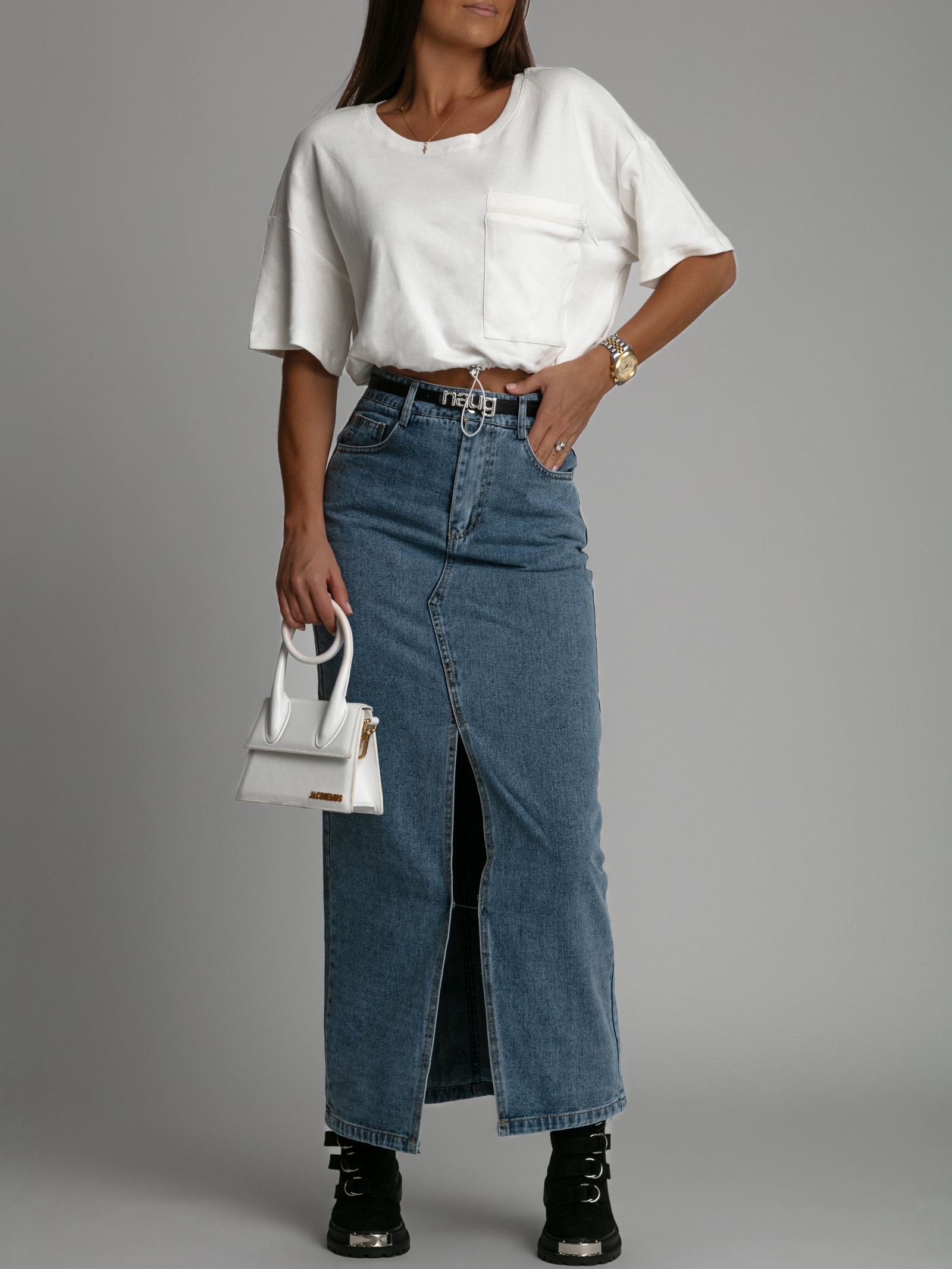 Spódnica jeansowa maxi Slopi dekatyzowana niebieska