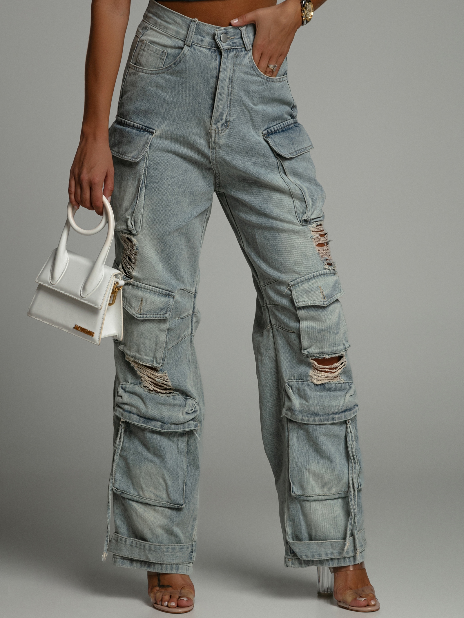 Spodnie jeansowe z przetarciami bojówki Hamerr niebieskie