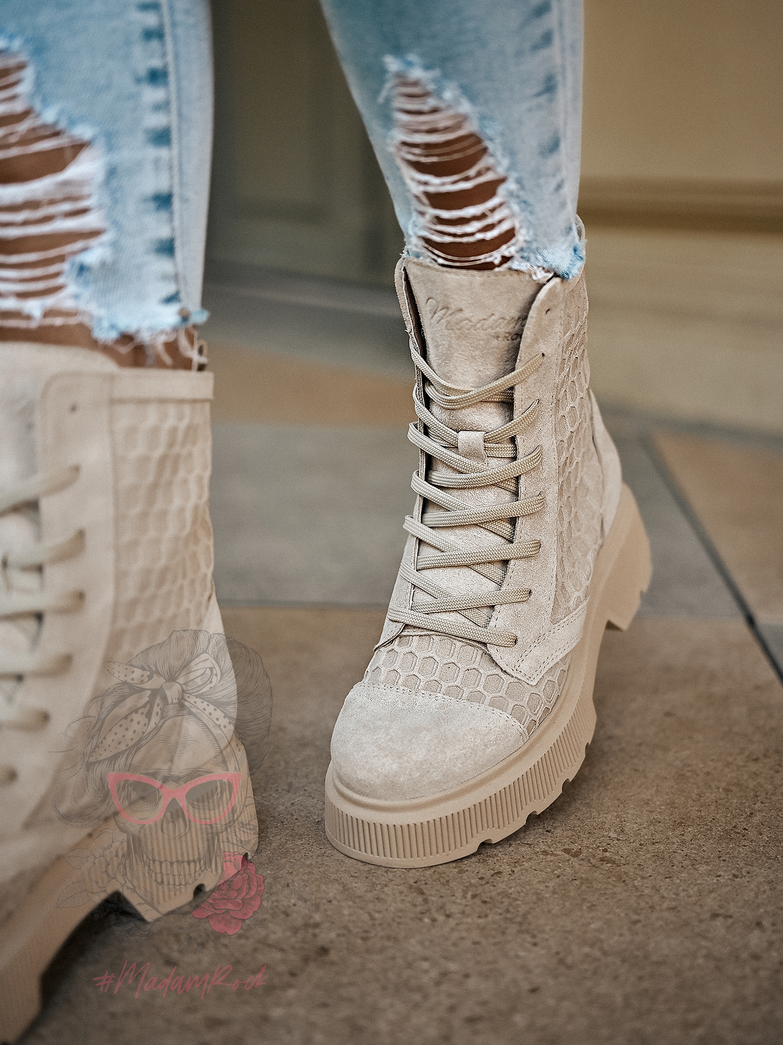 Workery skórzane Madam Comb beżowe