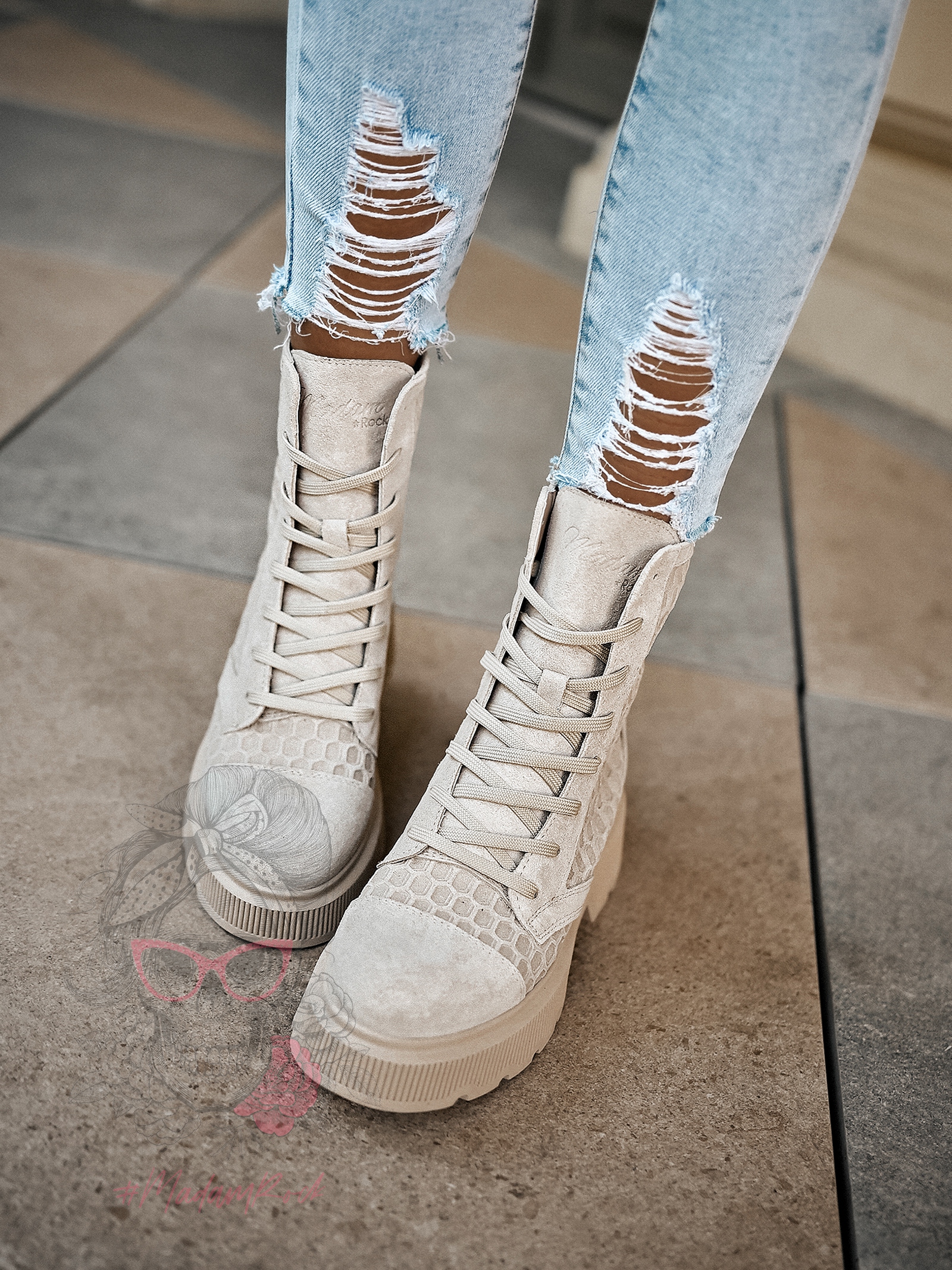 Workery skórzane Madam Comb beżowe