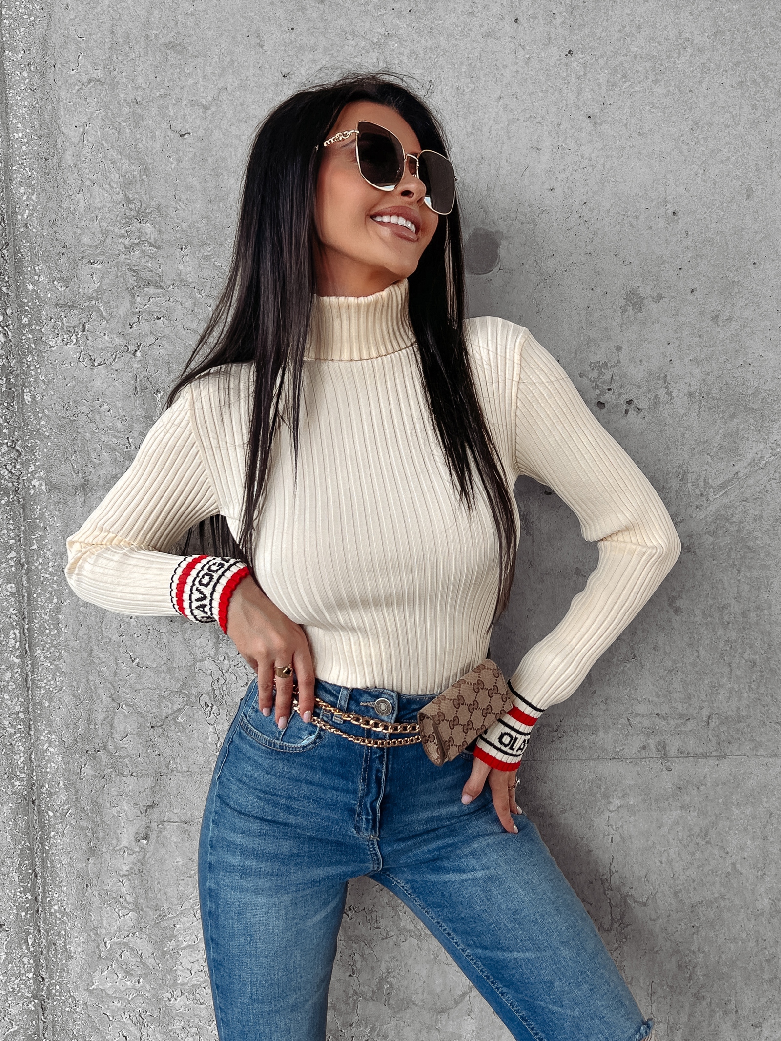 Golf dopasowany bawełniany Neve Ola Voga ecru