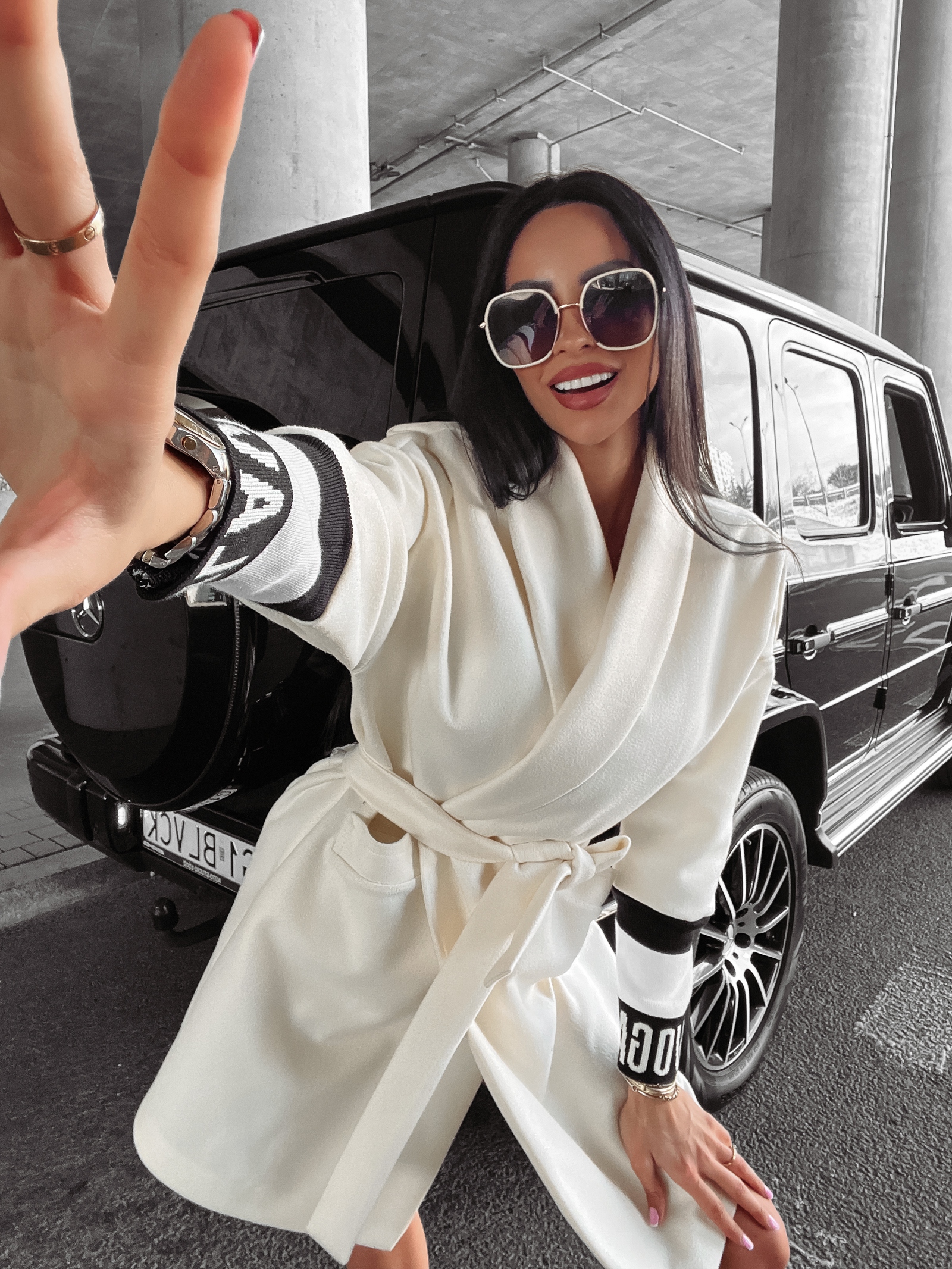 -WYPRZEDANY-Płaszcz flauszowy wiązany oversize Delia Ola Voga ecru