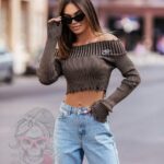 Bluzka prążkowana z przetarciami Sousy taupe