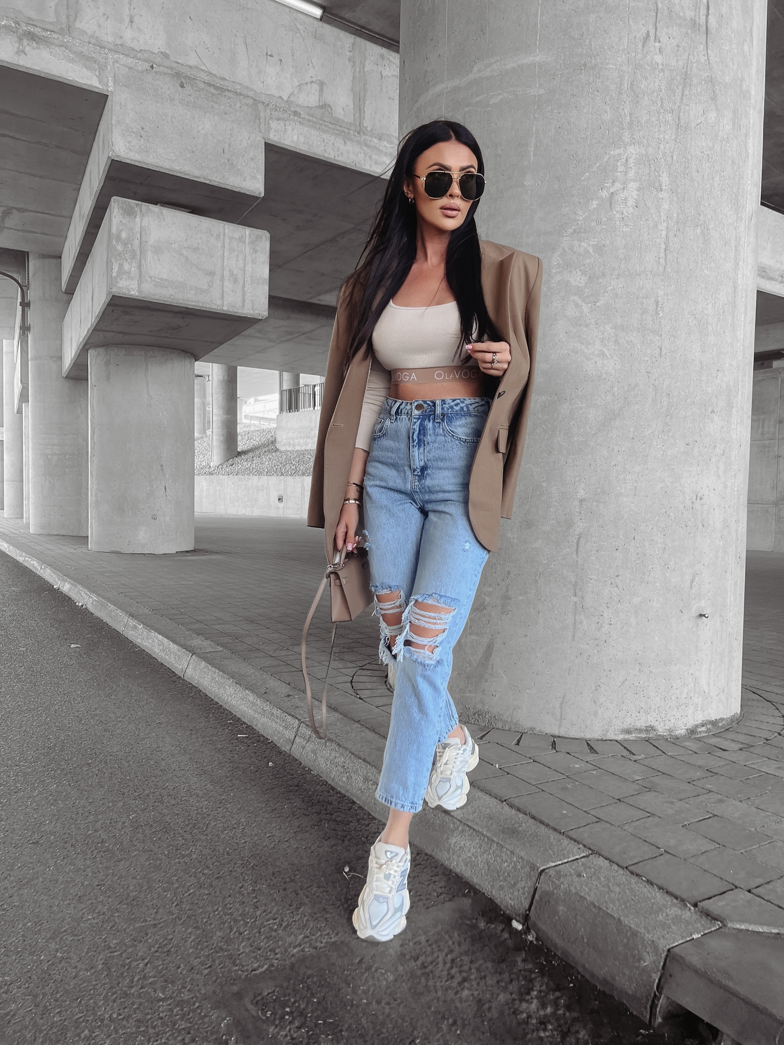 Top klasyczny prążkowany Liz Ola Voga beżowy