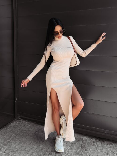 Sukienka dzianinowa z rozcięciami Jewel Ola Voga beżowa