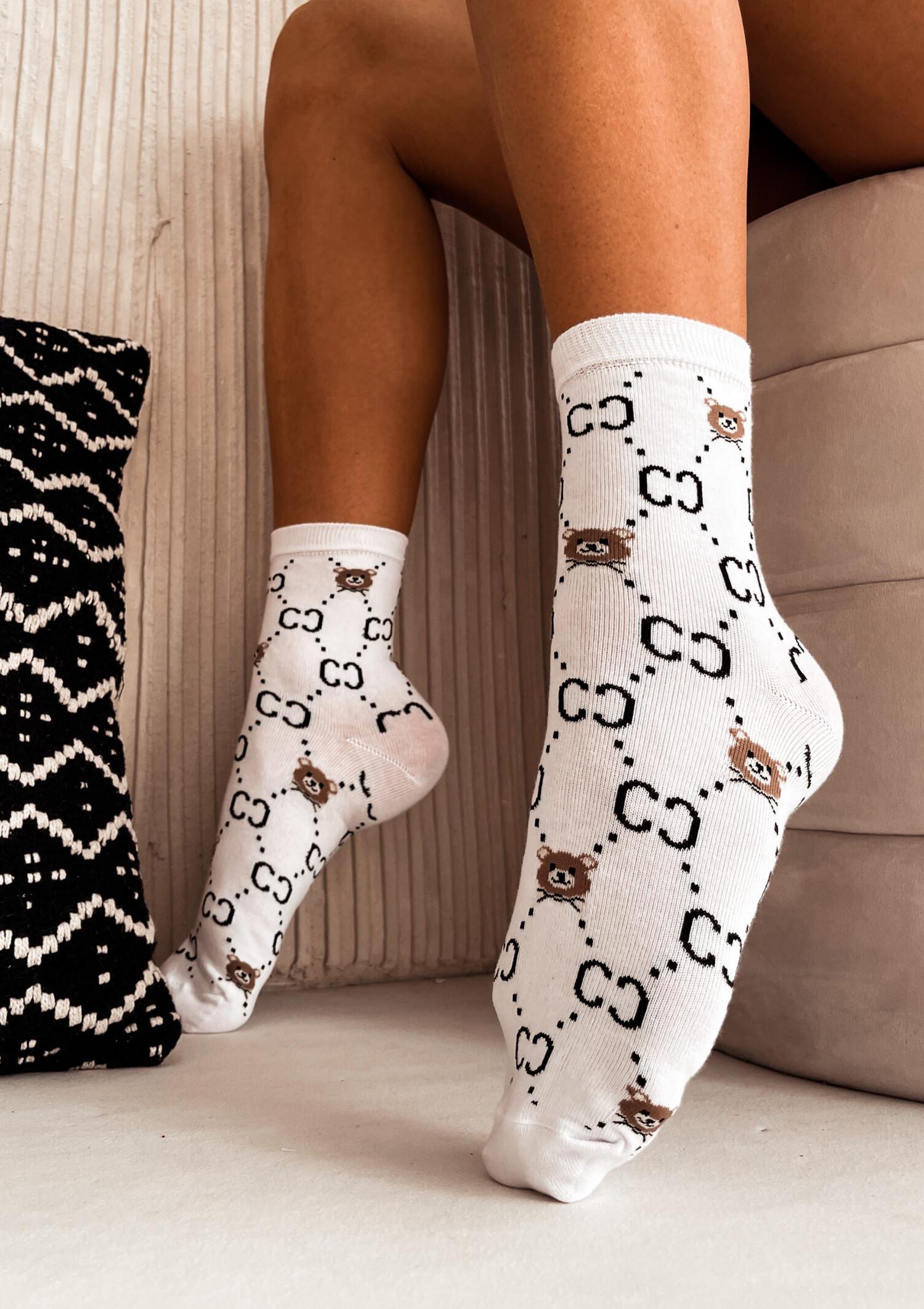 Skarpetki damskie z ozdobnym printem CC i misiem białe