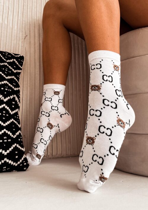 Skarpetki damskie z ozdobnym printem CC i misiem białe