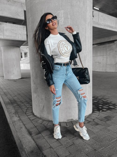 Sweter z żakardowym logo Aleshia Ola Voga ecru