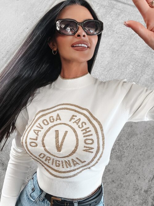 Sweter z żakardowym logo Aleshia Ola Voga ecru