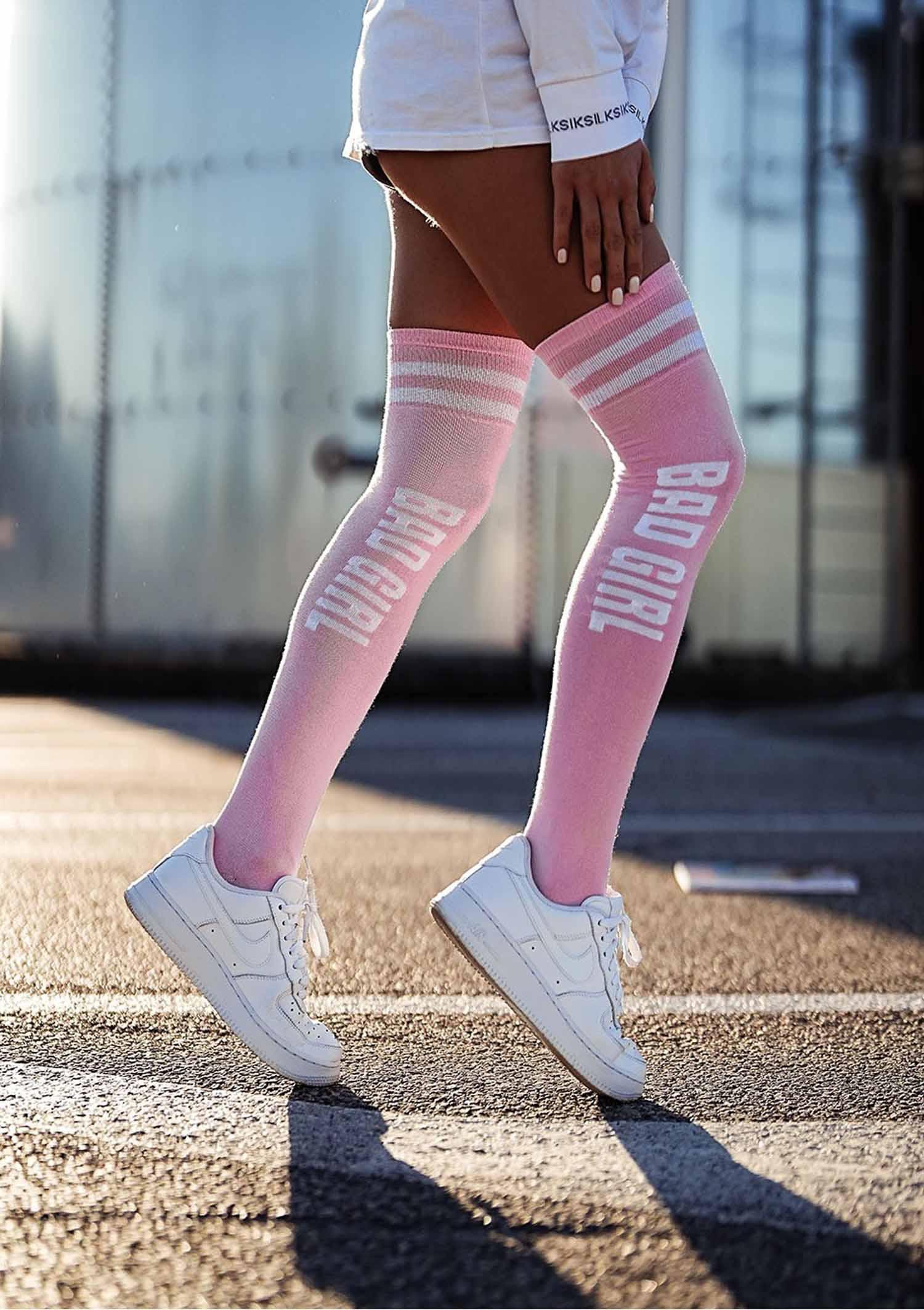 Zakolanówki bawełniane sportowe BAD GIRL różowo-białe