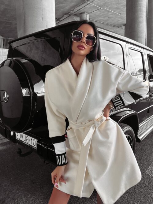 Płaszcz flauszowy wiązany oversize Delia Ola Voga ecru