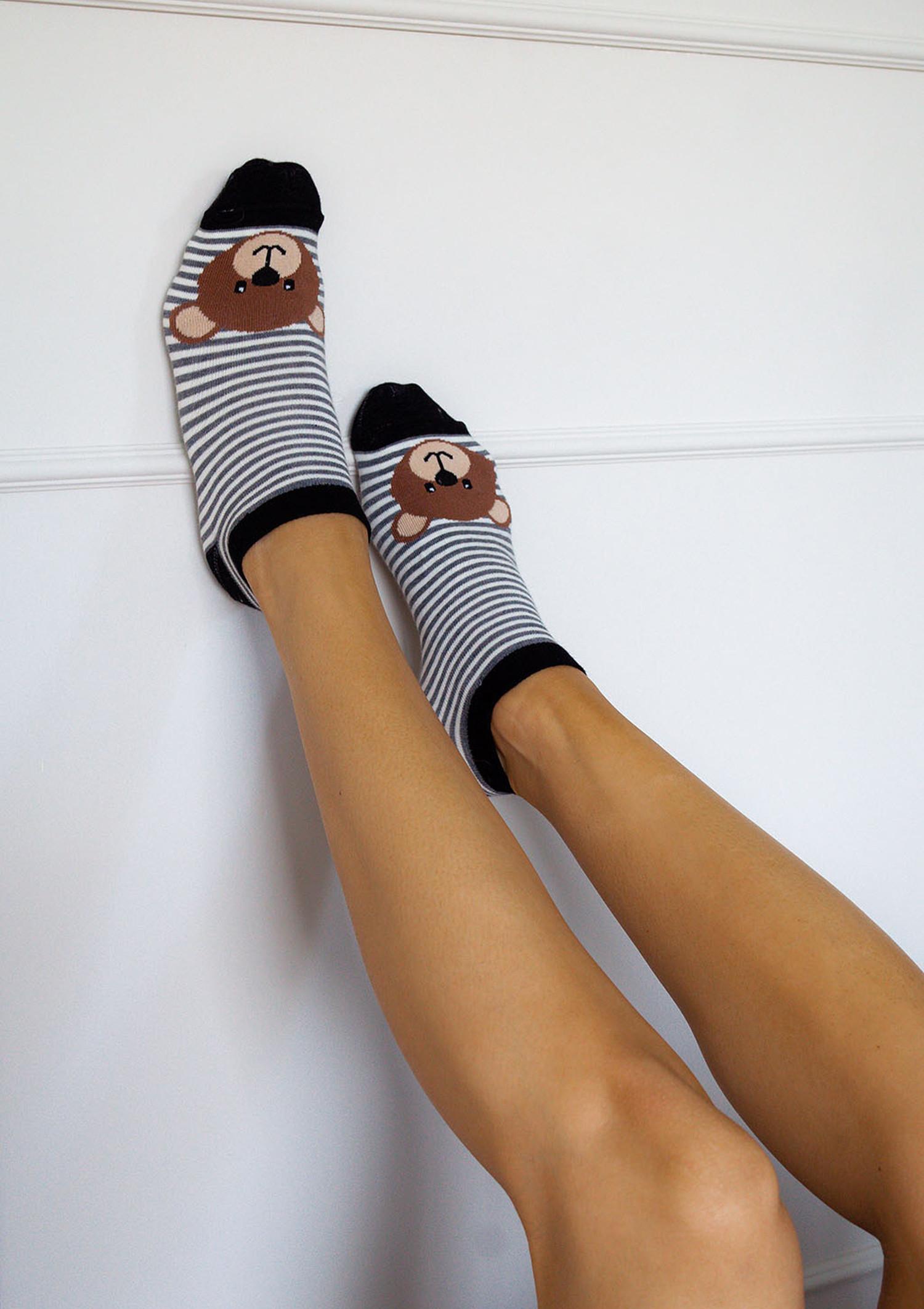 Stopki damskie w paski z misiem czarne