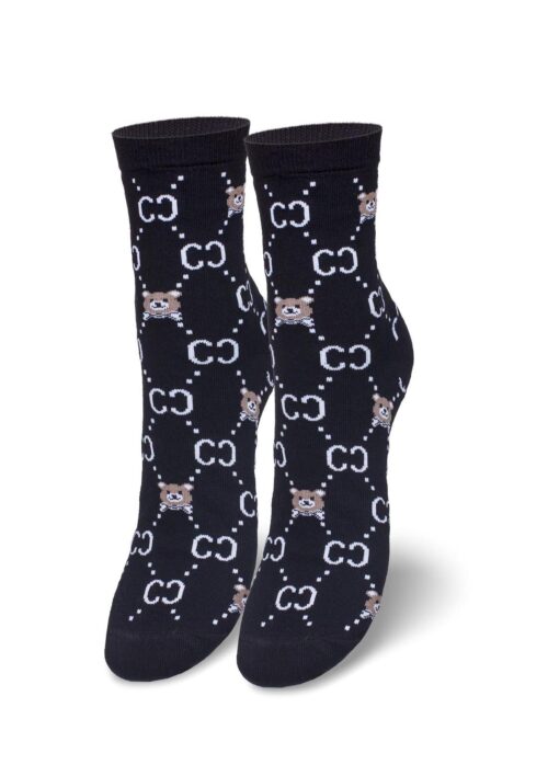 Skarpetki damskie z ozdobnym printem CC i misiem czarne