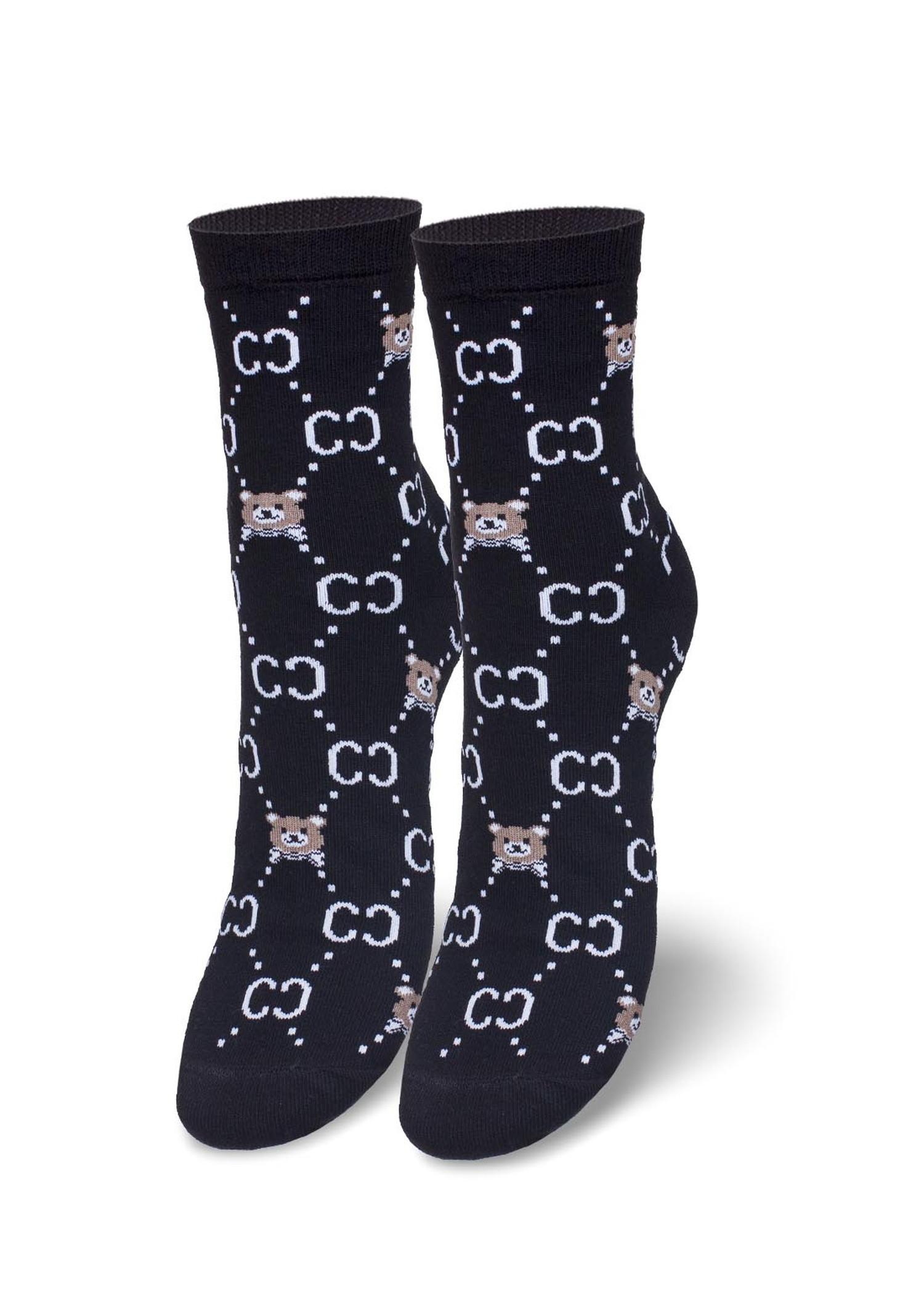 Skarpetki damskie z ozdobnym printem CC i misiem czarne Skarpetki damskie z ozdobnym printem CC i misiem czarne