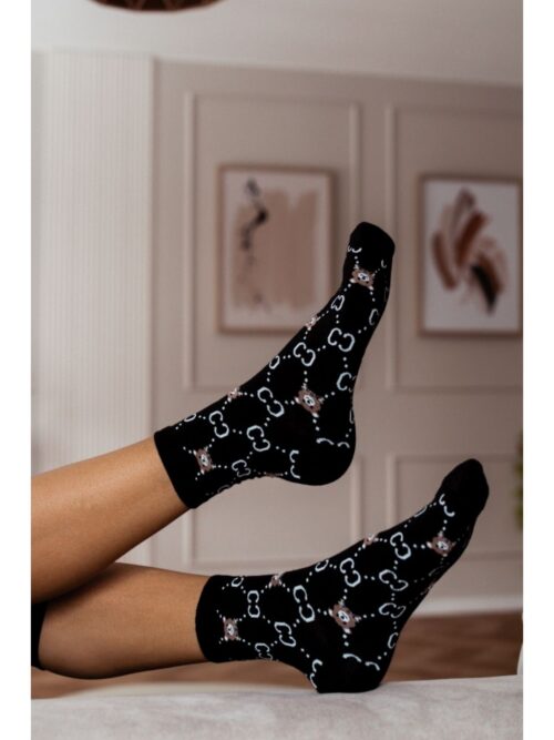 Skarpetki damskie z ozdobnym printem CC i misiem czarne