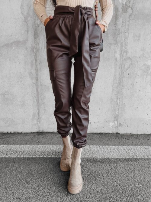 Spodnie z ekoskóry z wiązaniem Alta Ola Voga brązowe