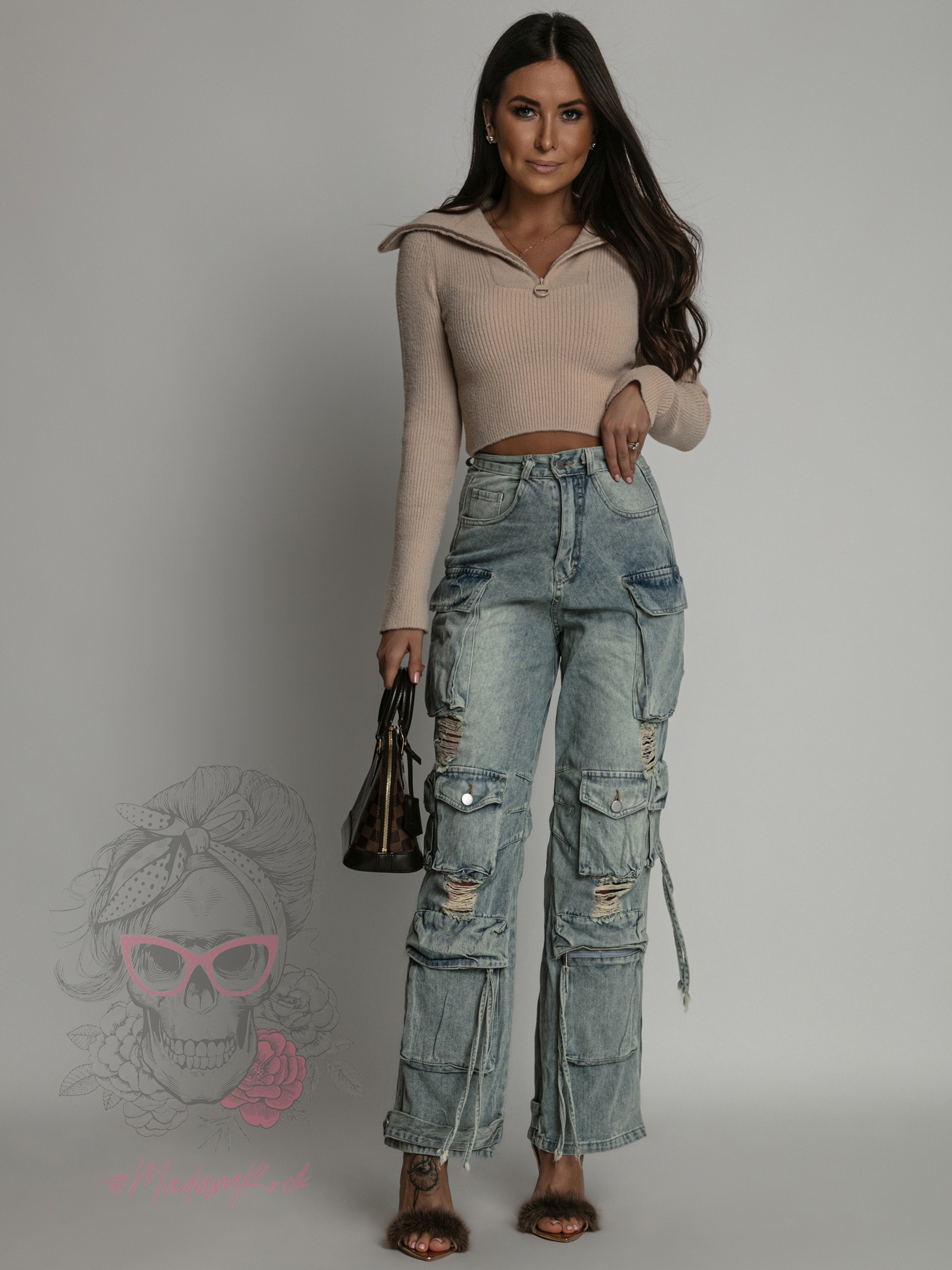 Spodnie jeansowe z przetarciami bojówki Hamerr niebieskie