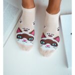 Skarpety damskie stopki z głową kota beżowe