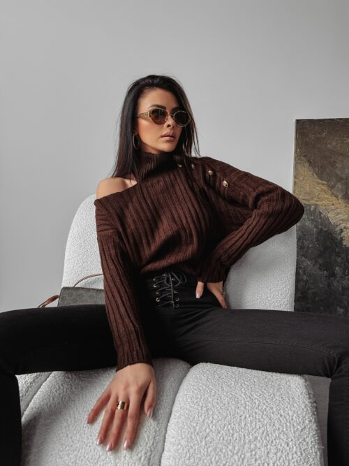 Sweter dzianinowy z wycięciem ASHLEY OLAVOGA czekoladowy