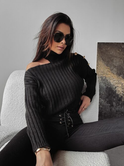 Sweter dzianinowy z wycięciem Ashley Ola Voga czarny