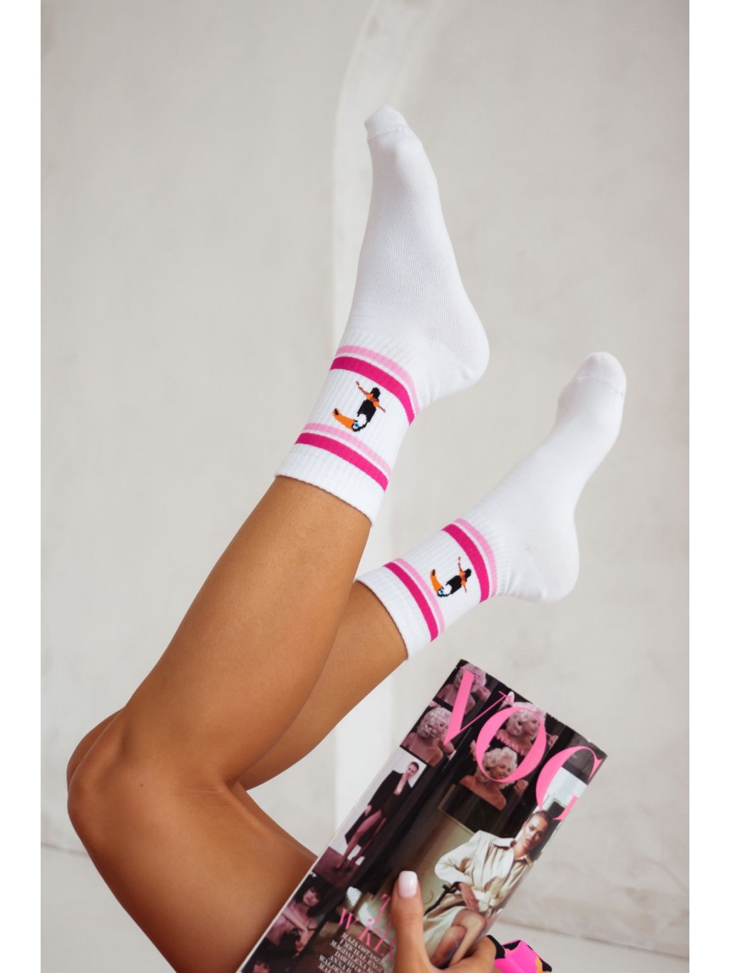 Skarpety ze ściągaczem tukan biało - różowe