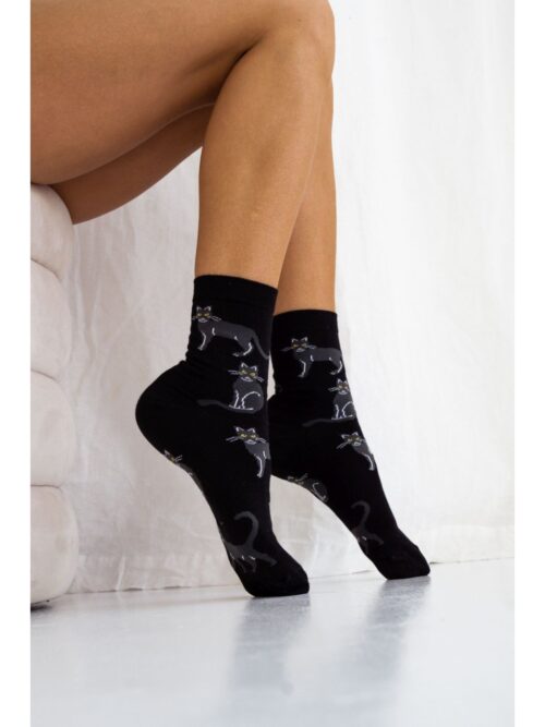 Skarpety długie damskie z kotkami czarne