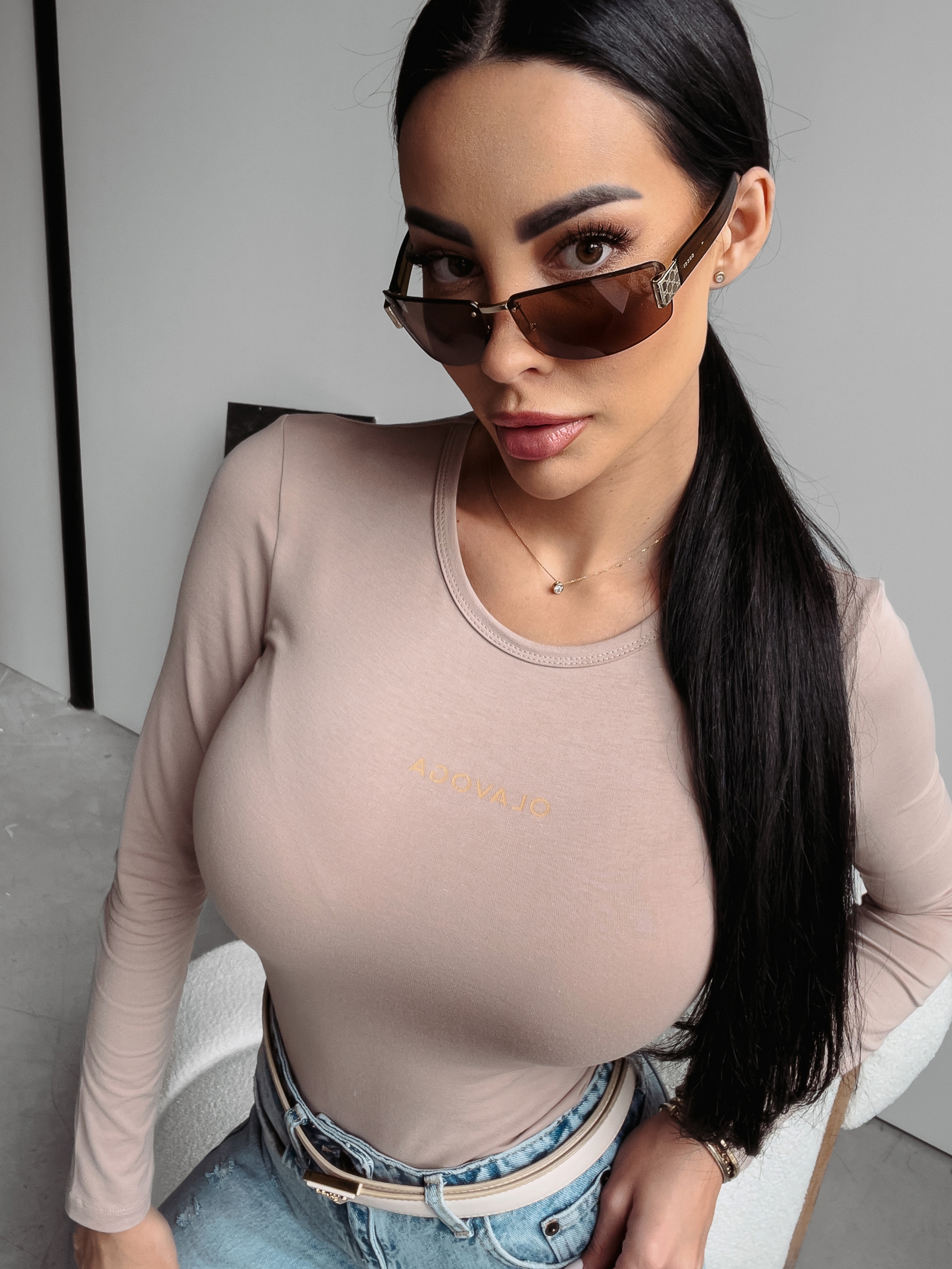 Bluzka gładka BASIC Cilla Ola Voga beżowa