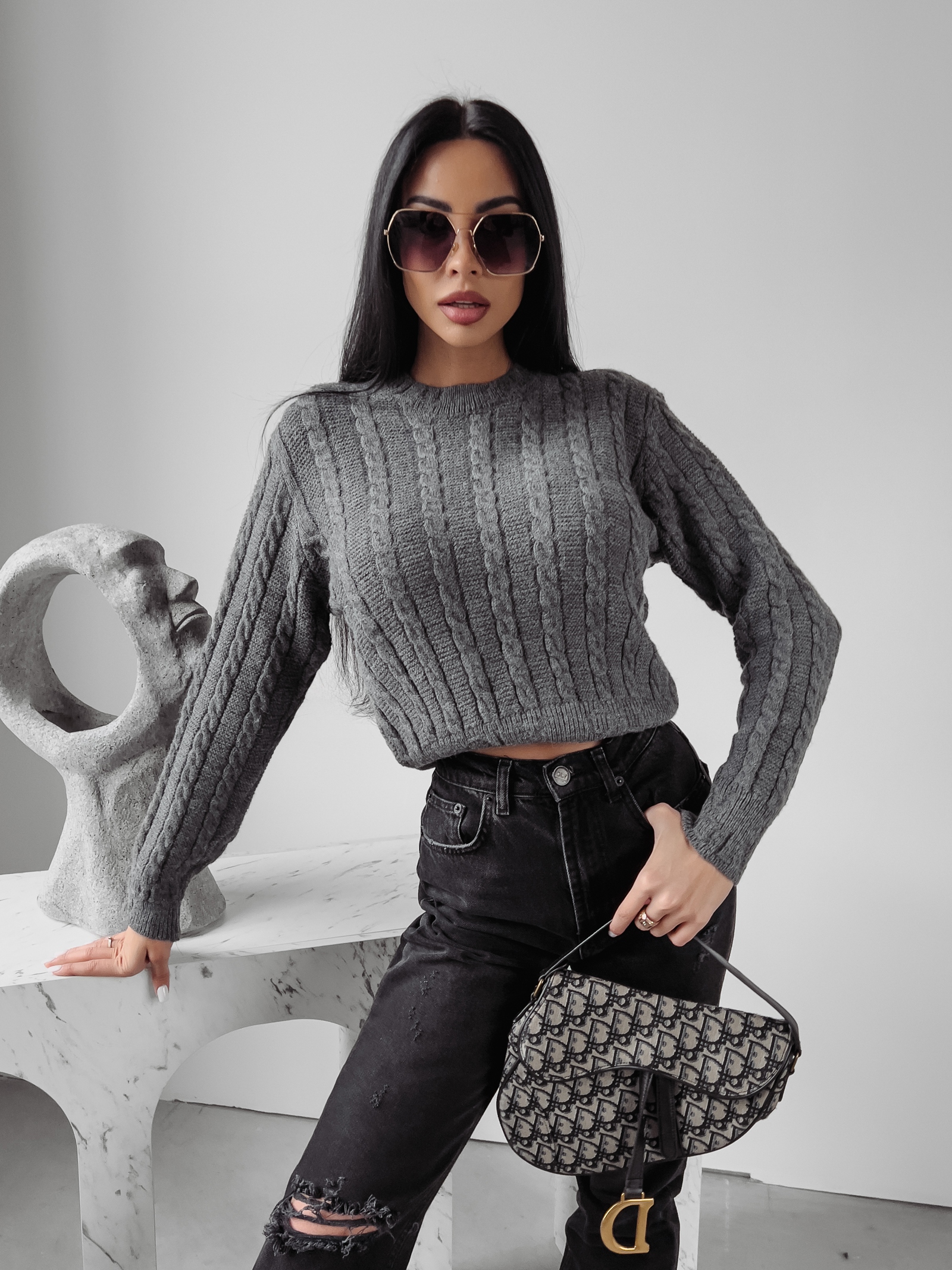 Sweter prosty ze splotem Ronin Ola Voga c.szary