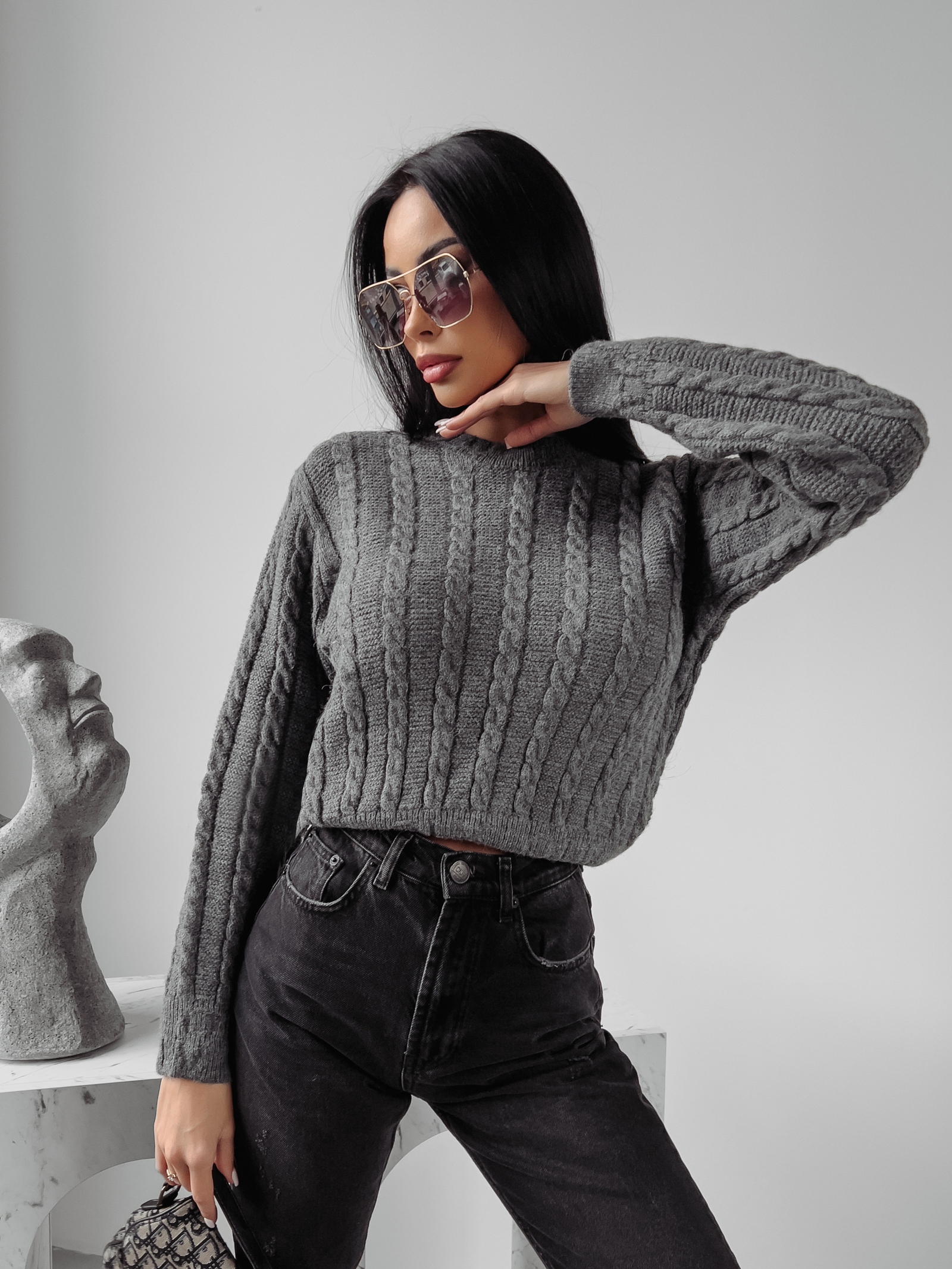 Sweter prosty ze splotem Ronin Ola Voga c.szary