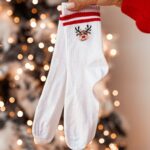 Skarpety świąteczne damskie prążek Renifer białe