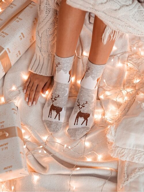 Skarpetki damskie świąteczne z reniferami szare