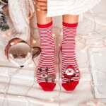 Skarpetki damskie w paski mikołaj i renifer czerwone