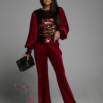 Spodnie welurowe dzwony NB Kerro bordowe