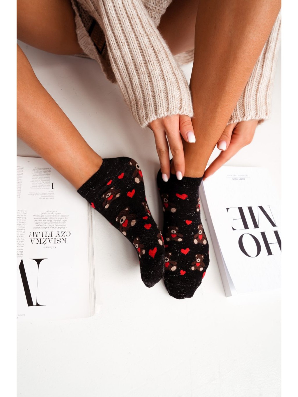 Stopki damskie Miś i serduszka czarne