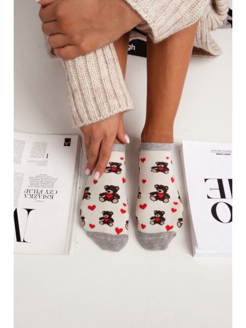 Stopki damskie Miś i serduszka ecru