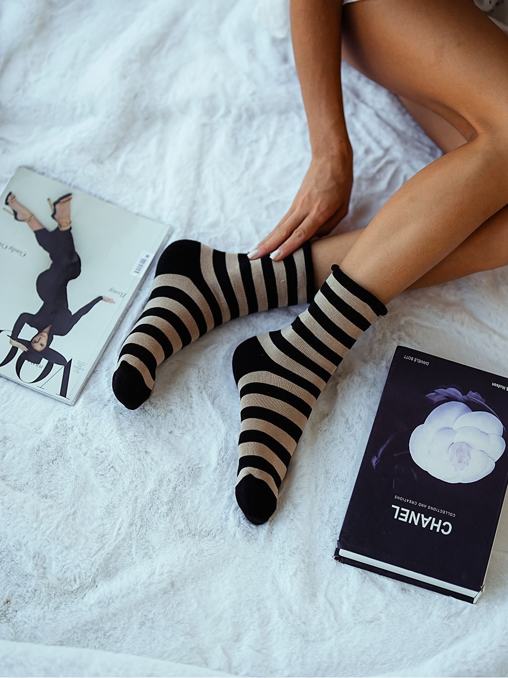 Skarpetki frotte w paski beżowo-czarne Skarpetki frotte w paski beżowo-czarne